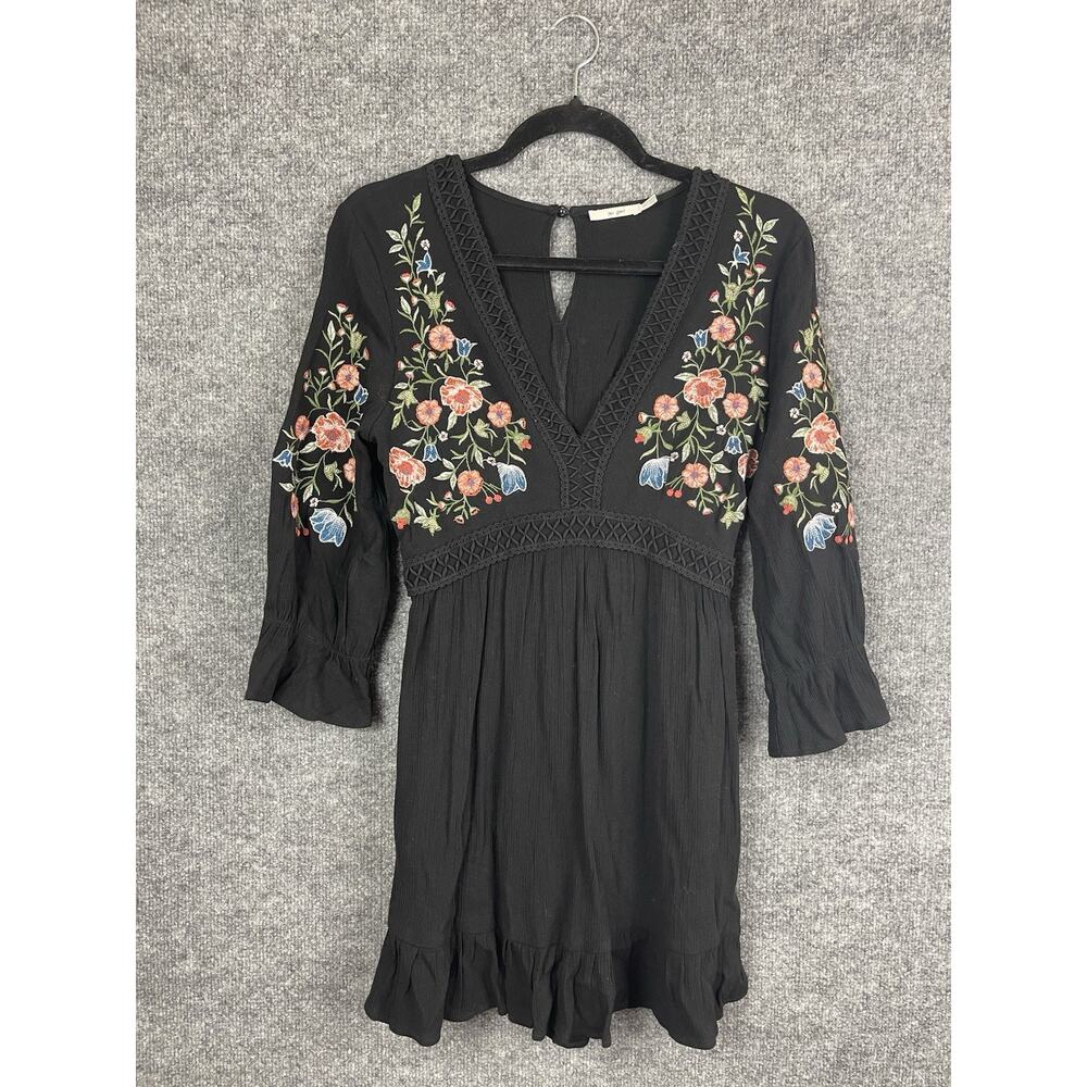 Mi Ami Black Floral Mini Dress XS Embroidery Puff Sleeve V-Neck